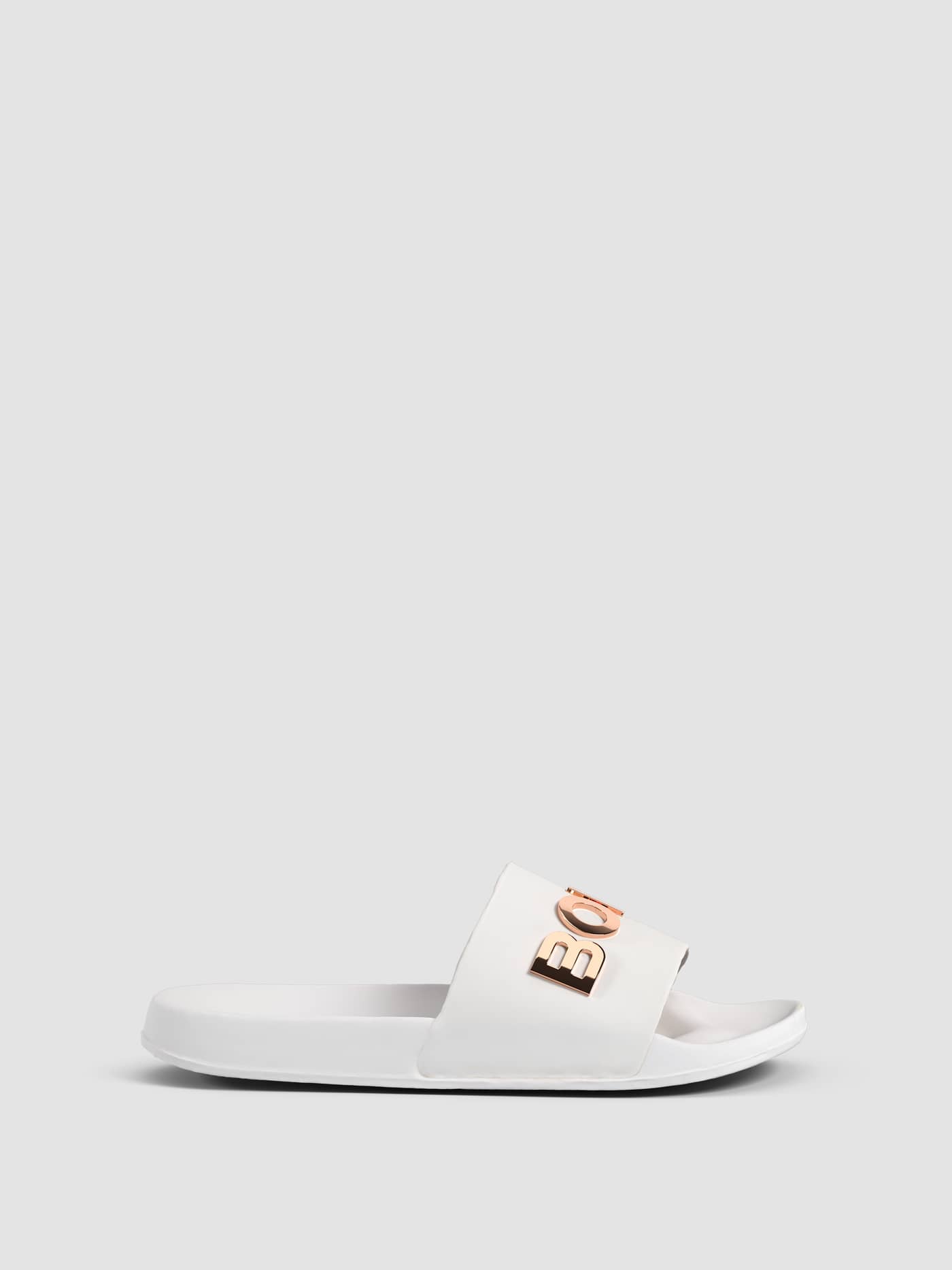 Zijaanzicht van de witte Women's Sandal Knox van flexibel TPU met comfortabele pasvorm en roségouden BORG-logo. - Image 1
