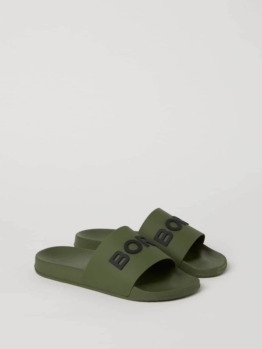 Green Björn Borg Knox pool slides featuring a black BORG logo and a comfortable, stylish fit. - Image 1