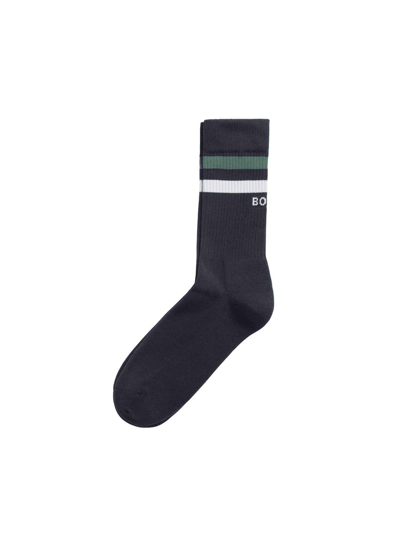 Side view of the navy Björn Borg Core Crew Socks 3-pack in soft cotton, with green and white stripes and a Borg logo. - Image 3