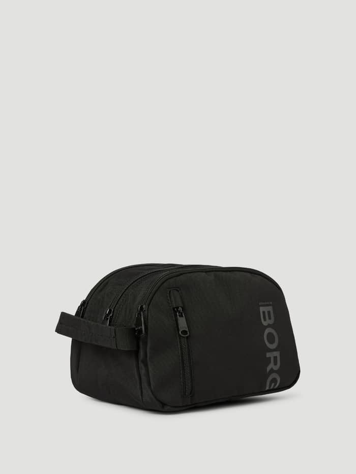 Core Wash Bag Standing Kulturtasche in Black Beauty (Schwarz) aus recyceltem Polyester mit Seitengriff und tonalem BORG-Logo.
