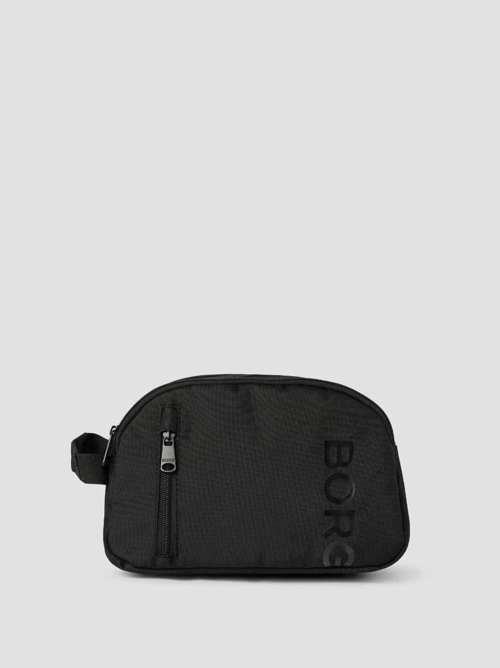 Front view of the Björn Borg Core Wash Bag Standing in Black Beauty (Black) with a side handle and black BORG logo. - Image 2