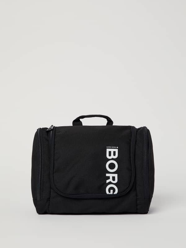 Front view of the Björn Borg Core Toilet Case Hanging in Black Beauty (Black) with a white vertical BORG logo.