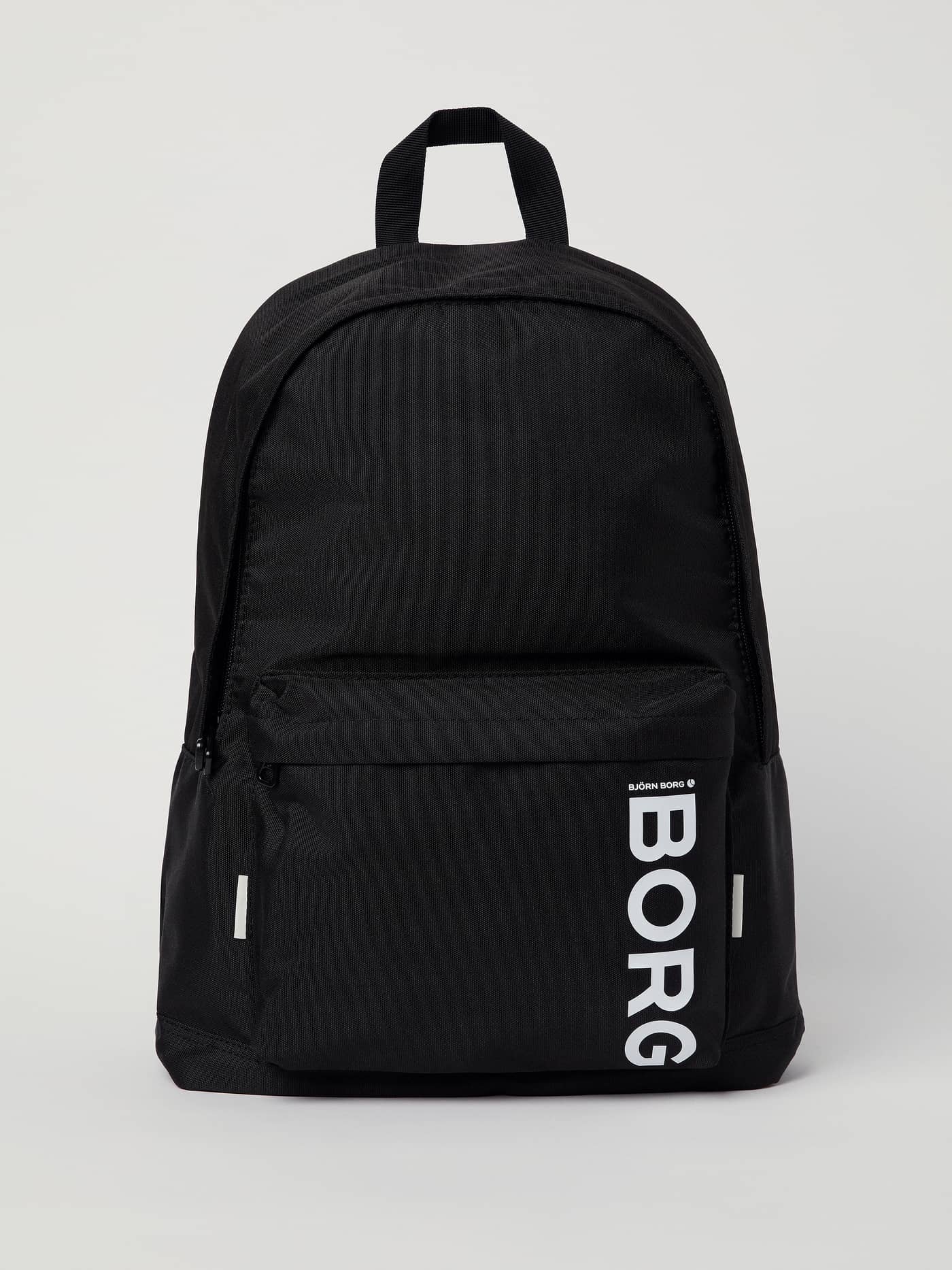 Front view of the Core Street Backpack 21L in Black Beauty (Black) with a white BORG logo, made of recycled polyester. - Image 1