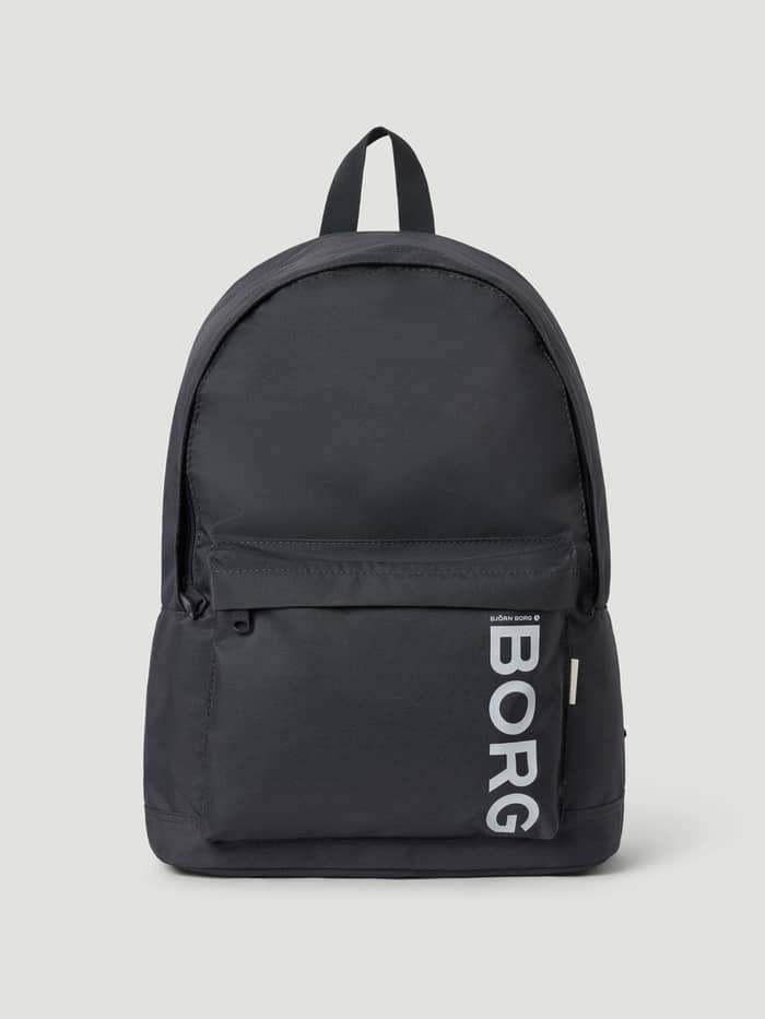 Front view of the Core Street Backpack 21L in Asphalt (Grey) made from recycled polyester with a white Borg logo.